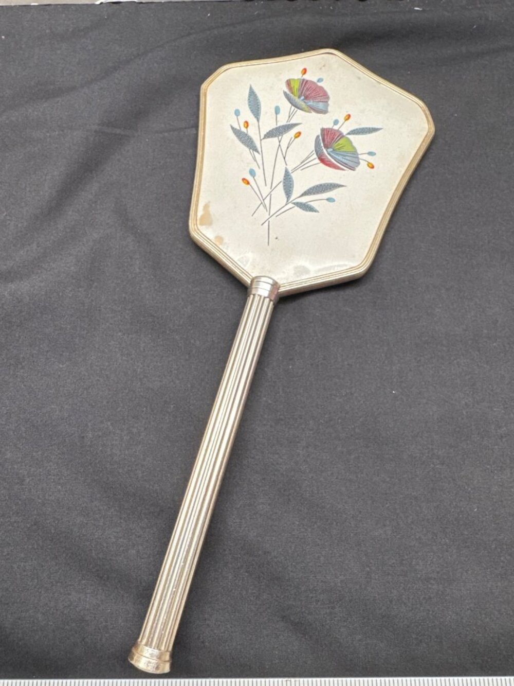 Vintage Floral MCM Hand Mirror Gold Tone Metal Frame Handheld Vanity Mirror 13 I